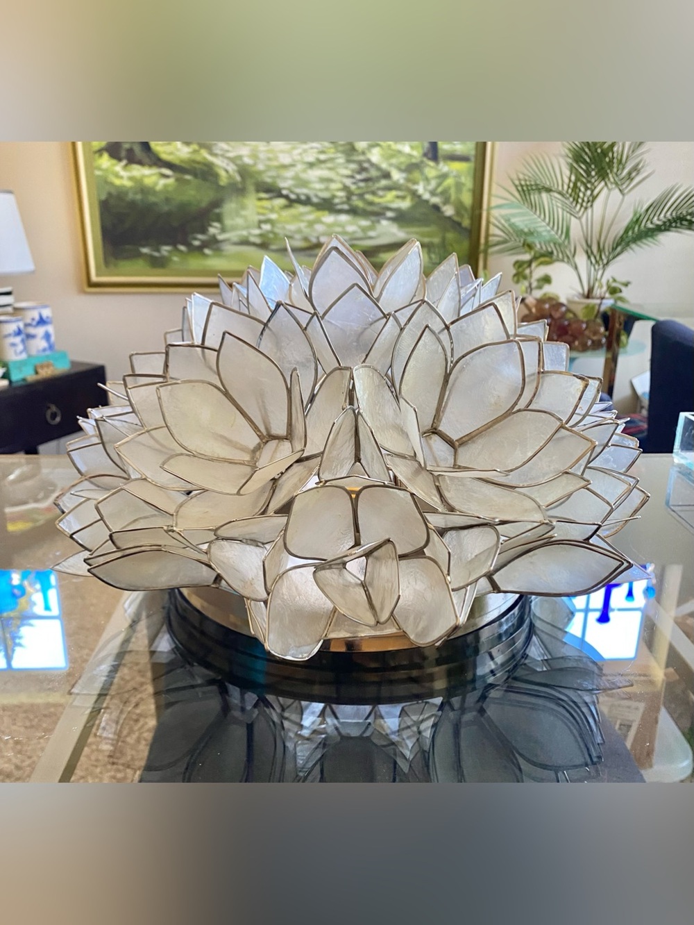 Capiz Shell Lotus Flower Petal Flush Wall Mount Light Fixture Lamp w Silver 11”